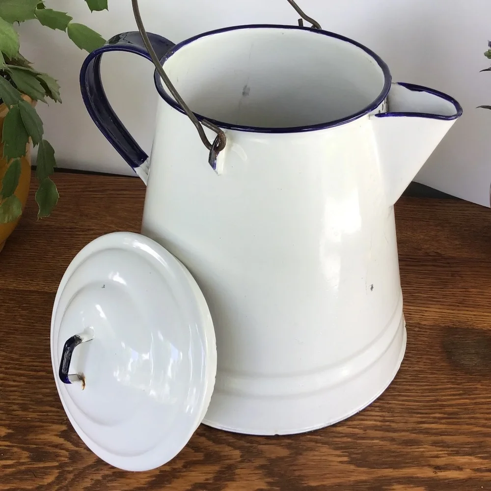 Vintage Enamel White & Blue Coffee Pot & Lid Kettle Enamelware Rustic Antique